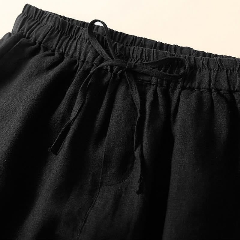 Buddha Stones Plain Color Bottom Hollow Lace Design Lace-up Cotton Women's Shorts With Pockets