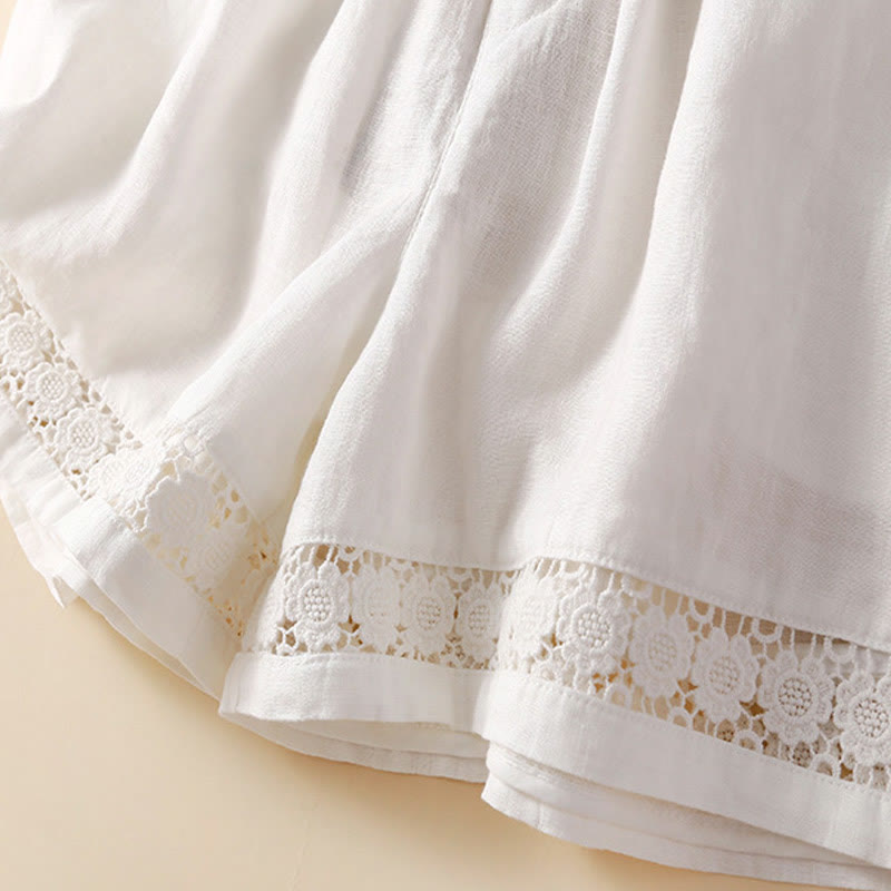 Buddha Stones Plain Color Bottom Hollow Lace Design Lace-up Cotton Women's Shorts With Pockets