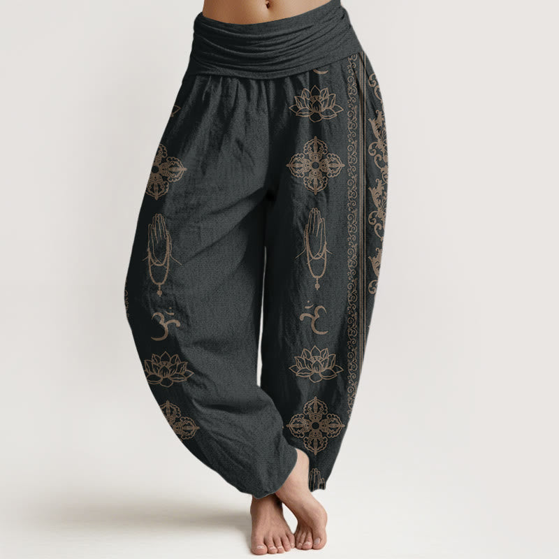 Buddha Stones Cotton Lotus Flowers Double Dorje Vajra Namaste Om Design Women's Elastic Waist Harem Pants