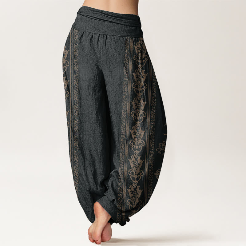 Buddha Stones Cotton Lotus Flowers Double Dorje Vajra Namaste Om Design Women's Elastic Waist Harem Pants