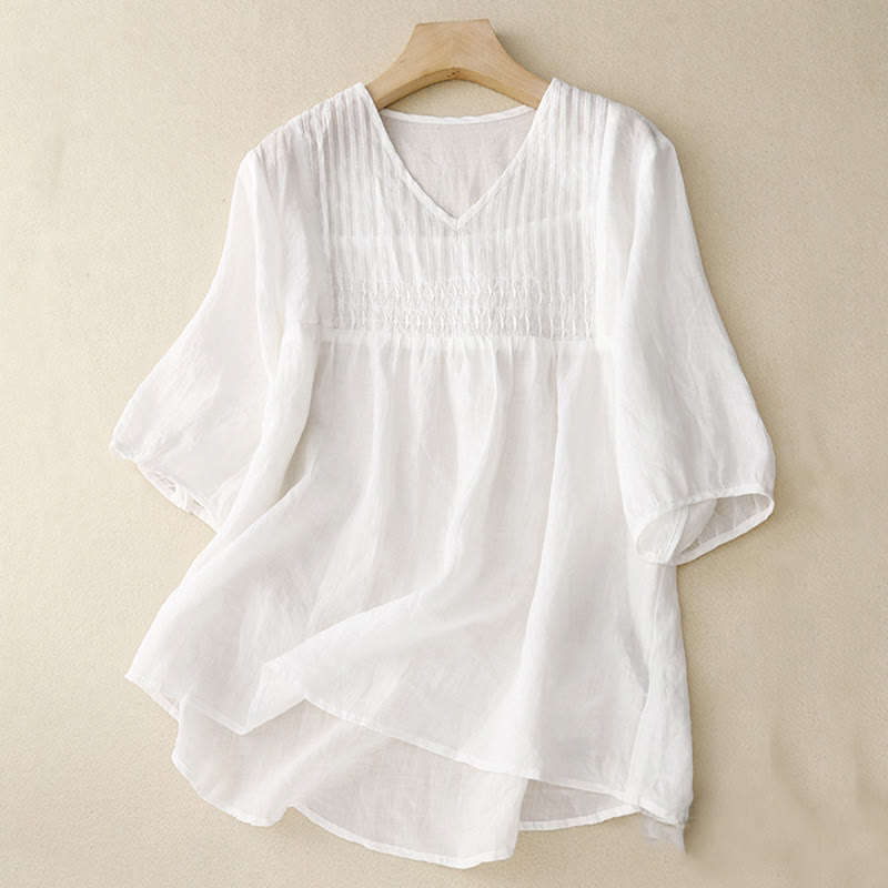 Buddha Stones Casual Plain Loose Women's V-Neck Design Half Sleeve Shirt