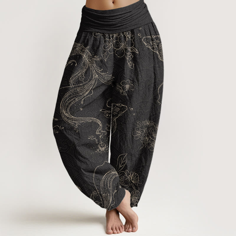 Buddha Stones Cotton Koi Fish Floral Pattern Women's Elastic Waist Harem Pants