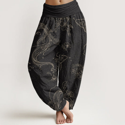 Buddha Stones Cotton Koi Fish Floral Pattern Women's Elastic Waist Harem Pants