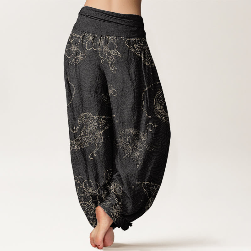 Buddha Stones Cotton Koi Fish Floral Pattern Women's Elastic Waist Harem Pants