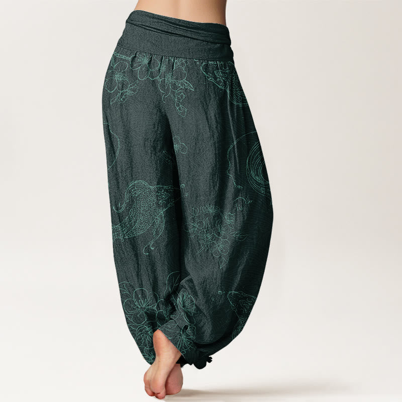 Buddha Stones Cotton Koi Fish Floral Pattern Women's Elastic Waist Harem Pants