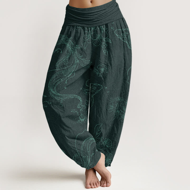 Buddha Stones Cotton Koi Fish Floral Pattern Women's Elastic Waist Harem Pants