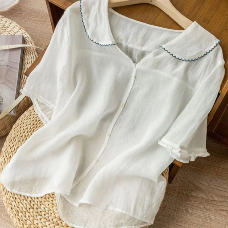 Buddha Stones Casual Plain Button Half Sleeve Middy Collar Women's Shirt