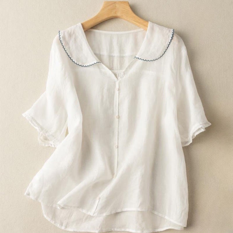 Buddha Stones Casual Plain Button Half Sleeve Middy Collar Women's Shirt