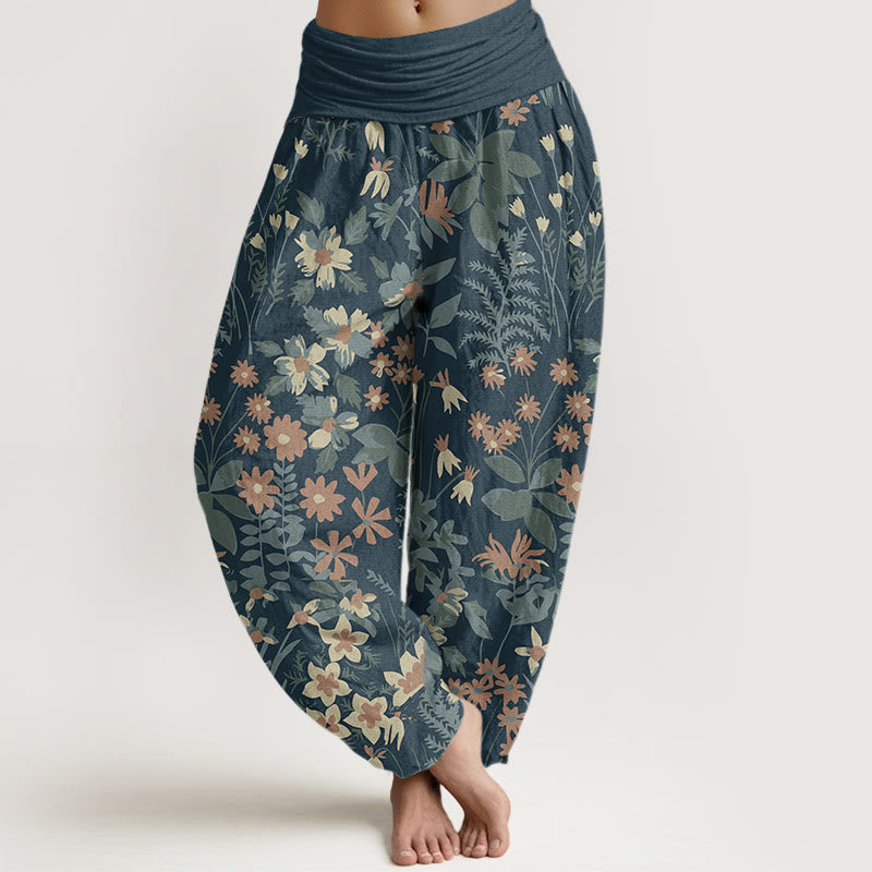 Buddha Stones Cotton Casual Daisy Flowers Leaves Design Women's Elastic Waist Harem Pants