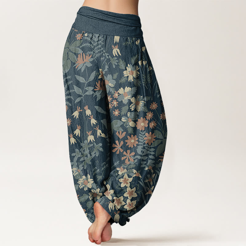 Buddha Stones Cotton Casual Daisy Flowers Leaves Design Women's Elastic Waist Harem Pants