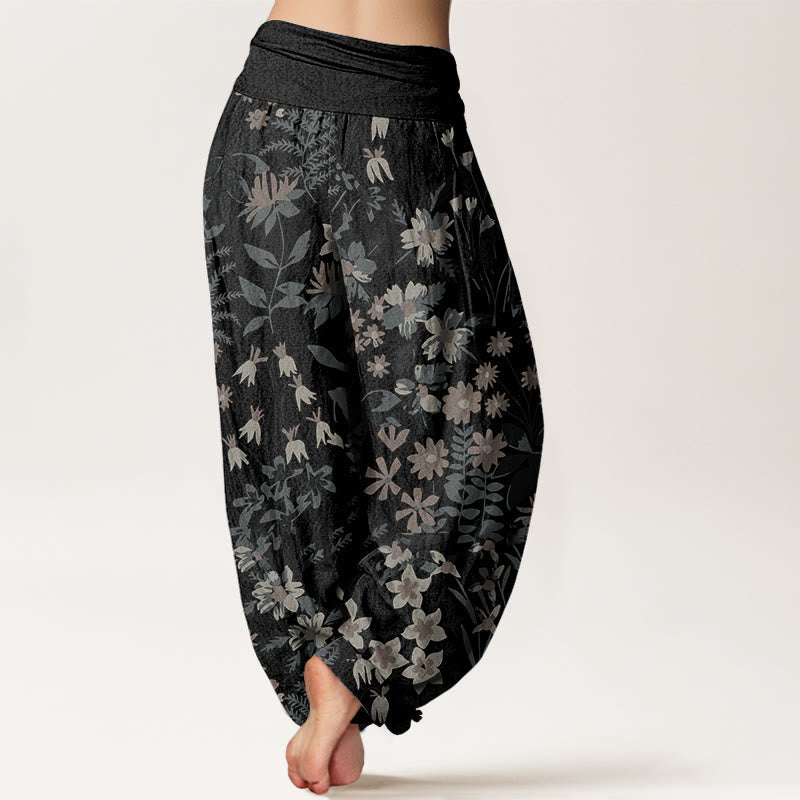 Buddha Stones Cotton Casual Daisy Flowers Leaves Design Women's Elastic Waist Harem Pants