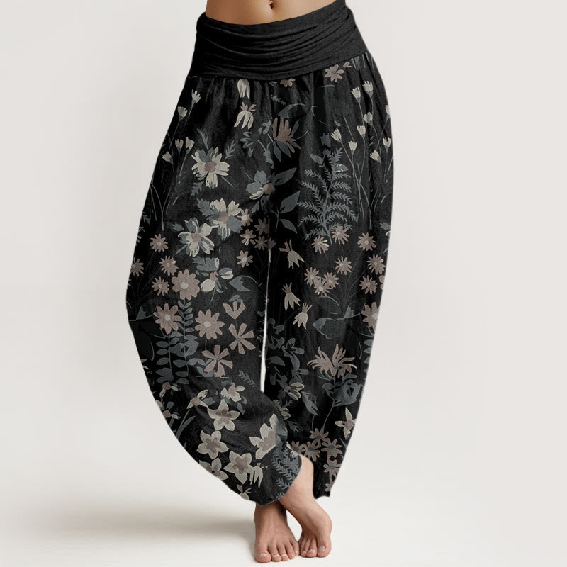 Buddha Stones Cotton Casual Daisy Flowers Leaves Design Women's Elastic Waist Harem Pants