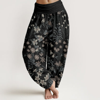 Buddha Stones Cotton Casual Daisy Flowers Leaves Design Women's Elastic Waist Harem Pants