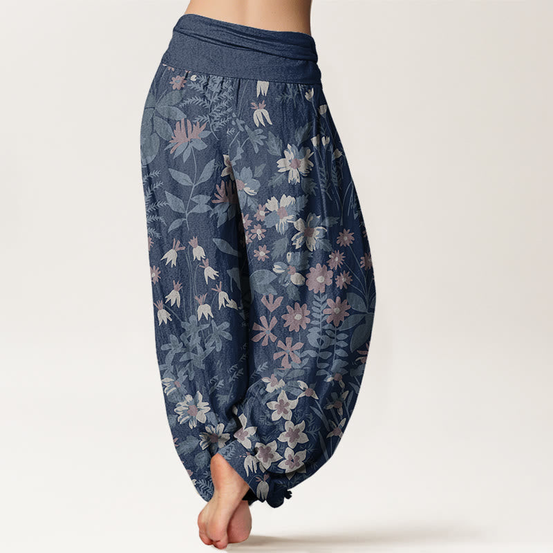 Buddha Stones Cotton Casual Daisy Flowers Leaves Design Women's Elastic Waist Harem Pants