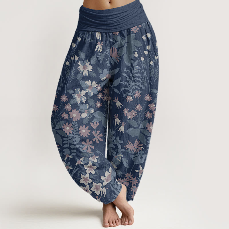 Buddha Stones Cotton Casual Daisy Flowers Leaves Design Women's Elastic Waist Harem Pants
