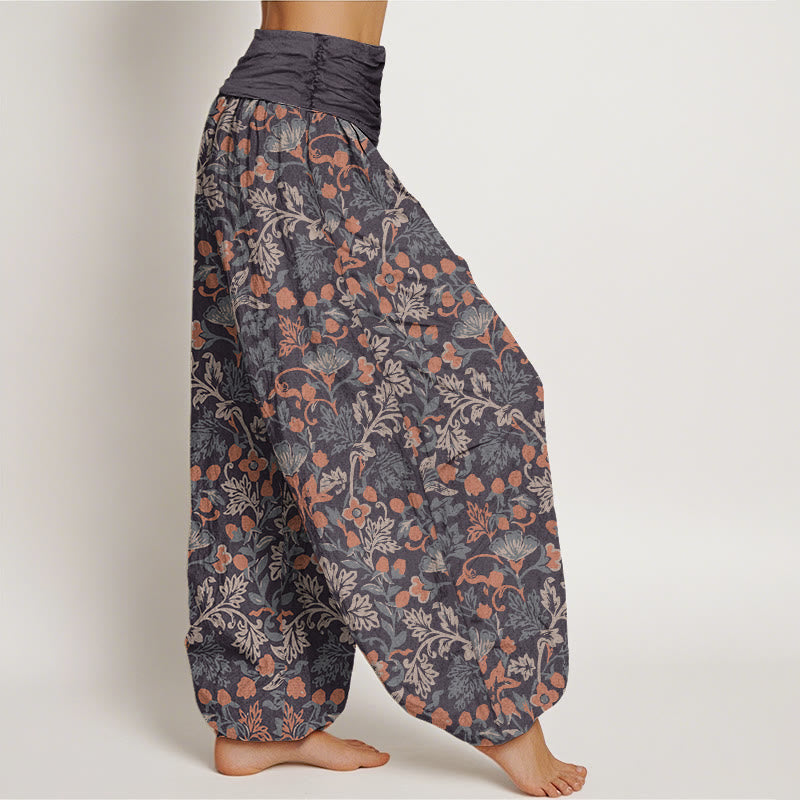 Buddha Stones Cotton Casual Flower Vine Leaves Pattern Women's Elastic Waist Harem Pants