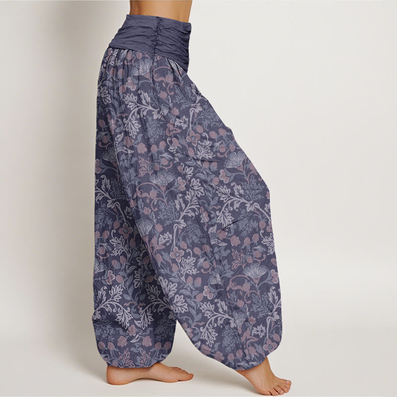 Buddha Stones Cotton Casual Flower Vine Leaves Pattern Women's Elastic Waist Harem Pants