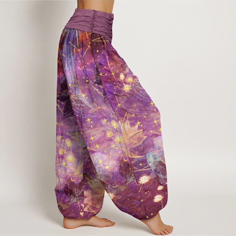 Buddha Stones Cotton Koi Fish Lotus Moon Stars Pattern Women's Elastic Waist Harem Pants