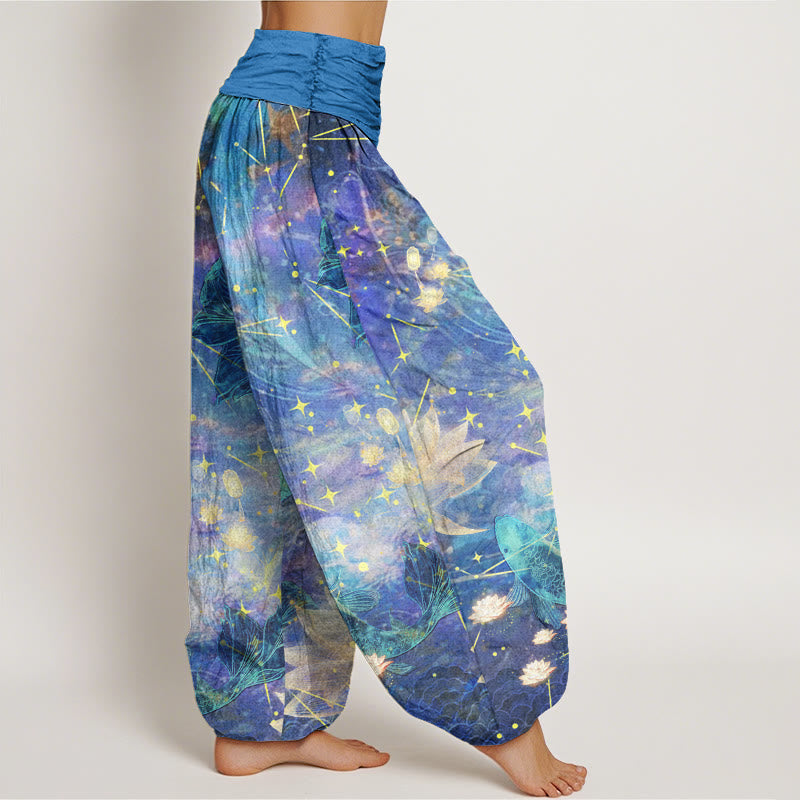 Buddha Stones Cotton Koi Fish Lotus Moon Stars Pattern Women's Elastic Waist Harem Pants