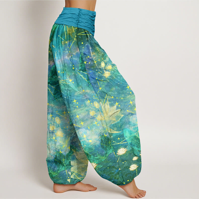 Buddha Stones Cotton Koi Fish Lotus Moon Stars Pattern Women's Elastic Waist Harem Pants