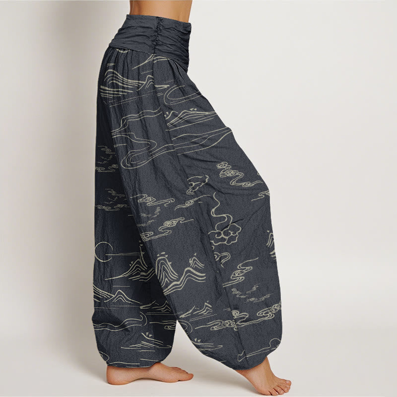Buddha Stones Cotton Mountain Moon Auspicious Clouds Pattern Women's Elastic Waist Harem Pants
