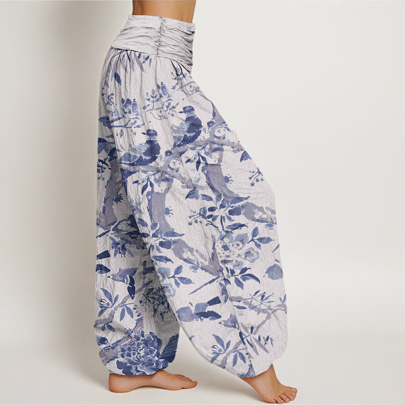Buddha Stones Cotton Birds Branches Flowers Pattern Women's Elastic Waist Harem Pants