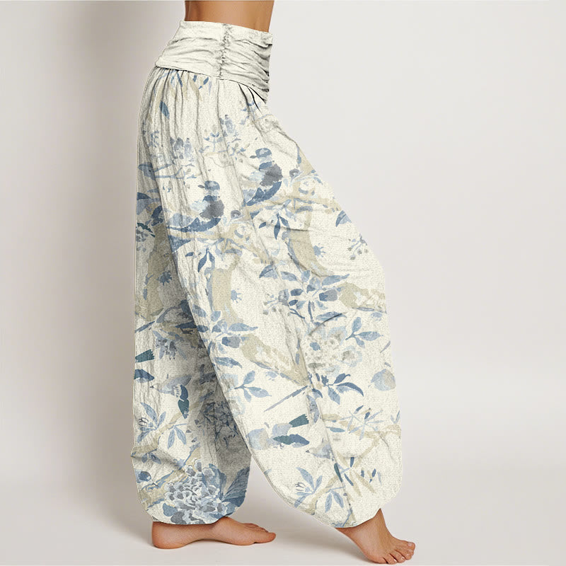 Buddha Stones Cotton Birds Branches Flowers Pattern Women's Elastic Waist Harem Pants