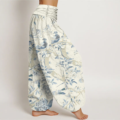Buddha Stones Cotton Birds Branches Flowers Pattern Women's Elastic Waist Harem Pants