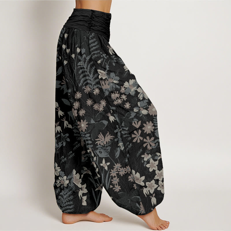 Buddha Stones Cotton Casual Daisy Flowers Leaves Design Women's Elastic Waist Harem Pants