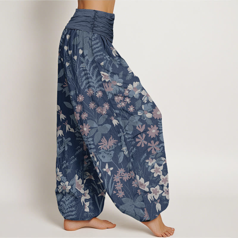 Buddha Stones Cotton Casual Daisy Flowers Leaves Design Women's Elastic Waist Harem Pants