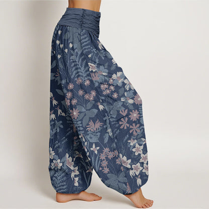 Buddha Stones Cotton Casual Daisy Flowers Leaves Design Women's Elastic Waist Harem Pants