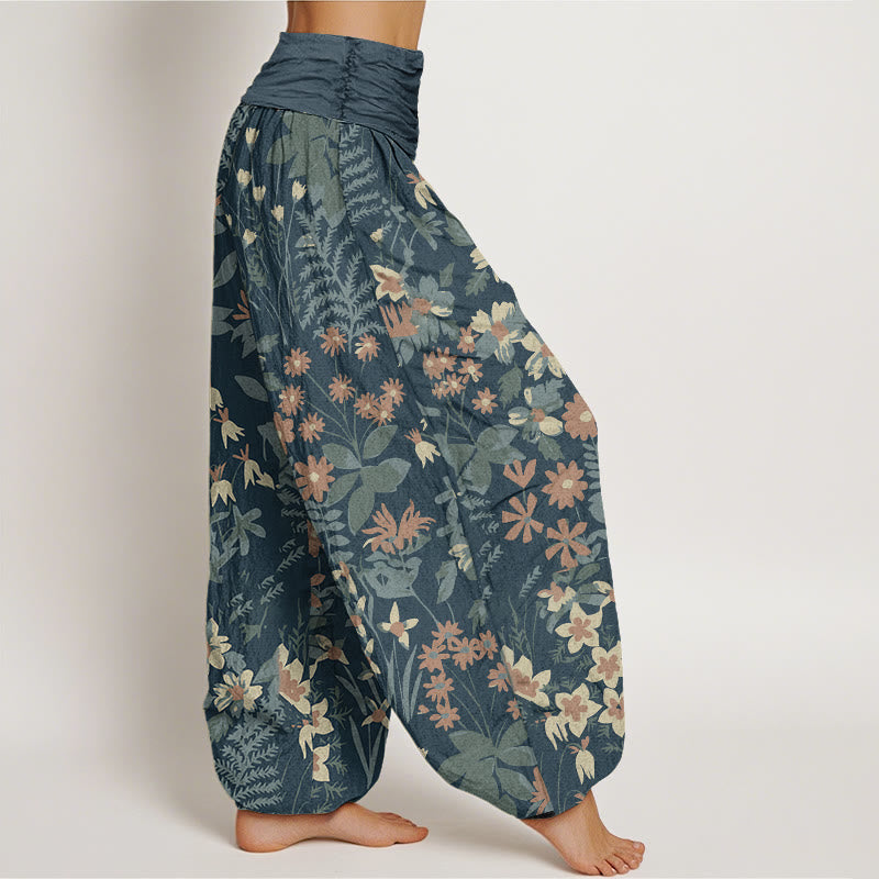 Buddha Stones Cotton Casual Daisy Flowers Leaves Design Women's Elastic Waist Harem Pants