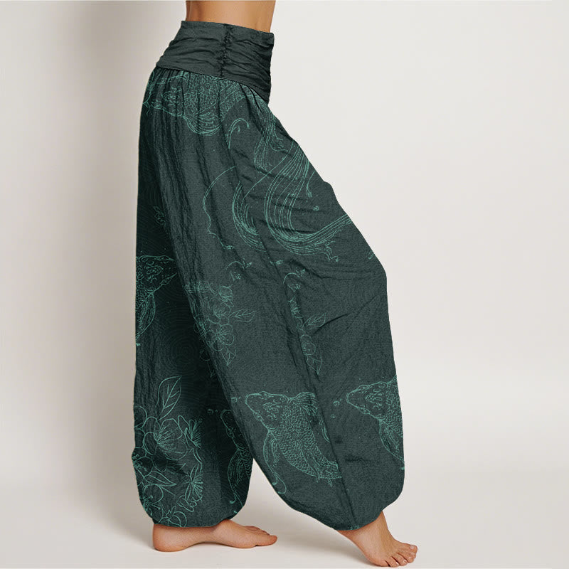 Buddha Stones Cotton Koi Fish Floral Pattern Women's Elastic Waist Harem Pants
