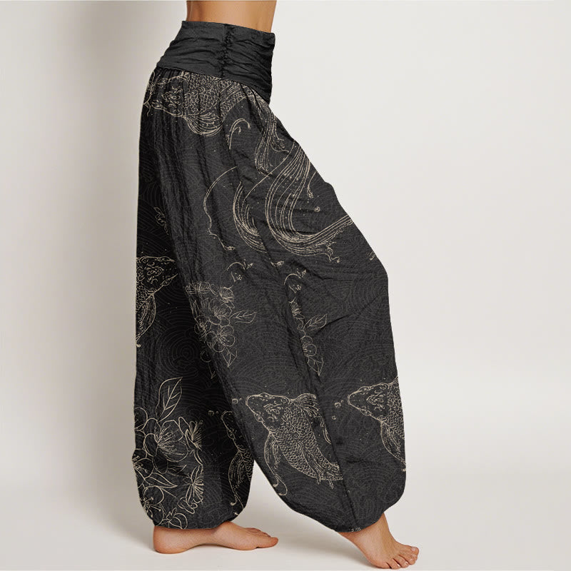 Buddha Stones Cotton Koi Fish Floral Pattern Women's Elastic Waist Harem Pants