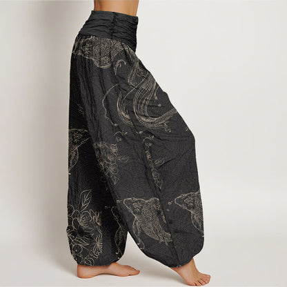 Buddha Stones Cotton Koi Fish Floral Pattern Women's Elastic Waist Harem Pants
