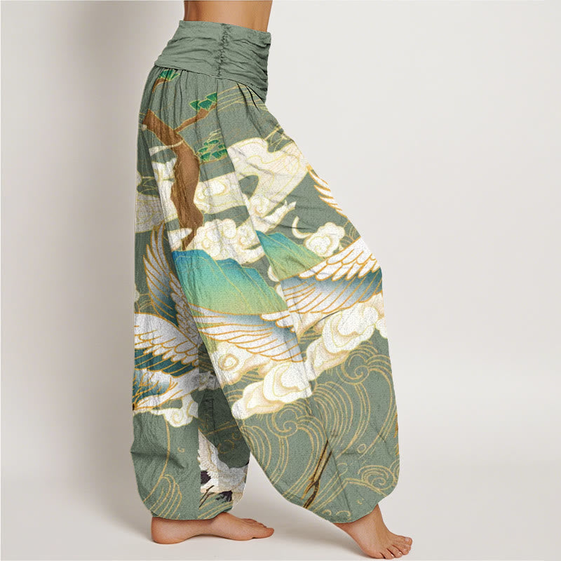 Buddha Stones Cotton Flying Cranes Auspicious Clouds Tree women's Elastic Waist Harem Pants