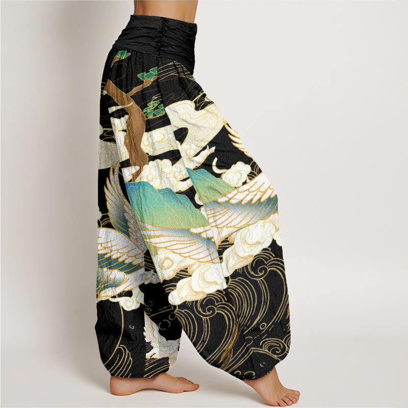 Buddha Stones Cotton Flying Cranes Auspicious Clouds Tree women's Elastic Waist Harem Pants