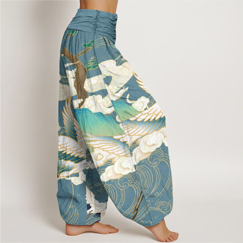 Buddha Stones Cotton Flying Cranes Auspicious Clouds Tree women's Elastic Waist Harem Pants