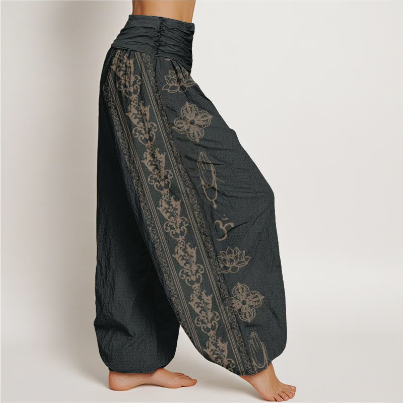 Buddha Stones Cotton Lotus Flowers Double Dorje Vajra Namaste Om Design Women's Elastic Waist Harem Pants