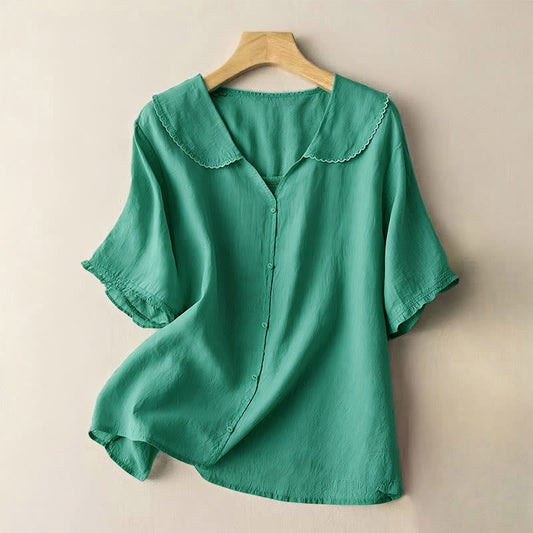 Buddha Stones Casual Plain Button Half Sleeve Middy Collar Women's Shirt
