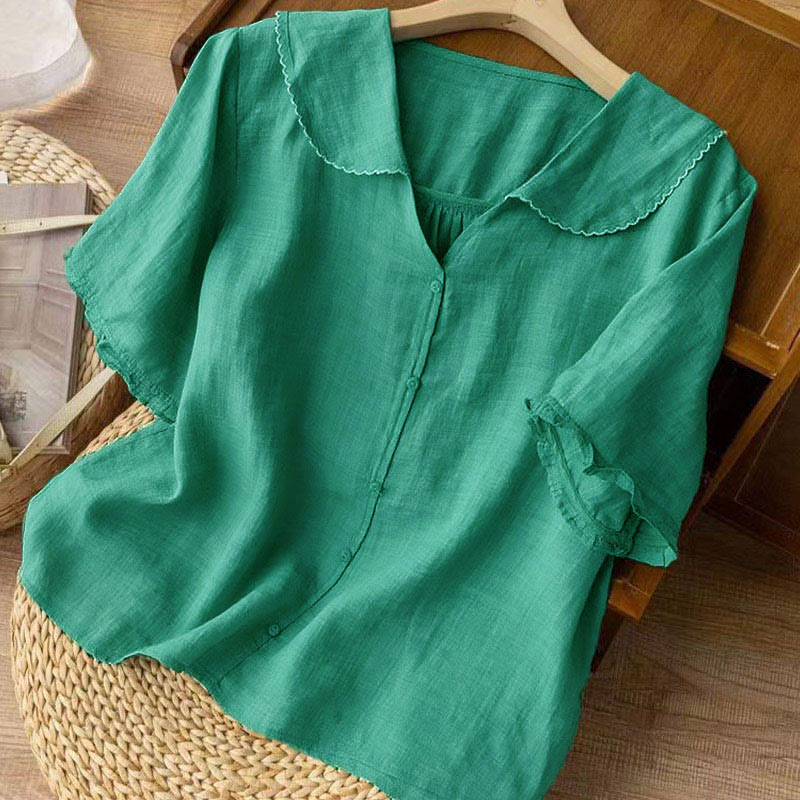 Buddha Stones Casual Plain Button Half Sleeve Middy Collar Women's Shirt