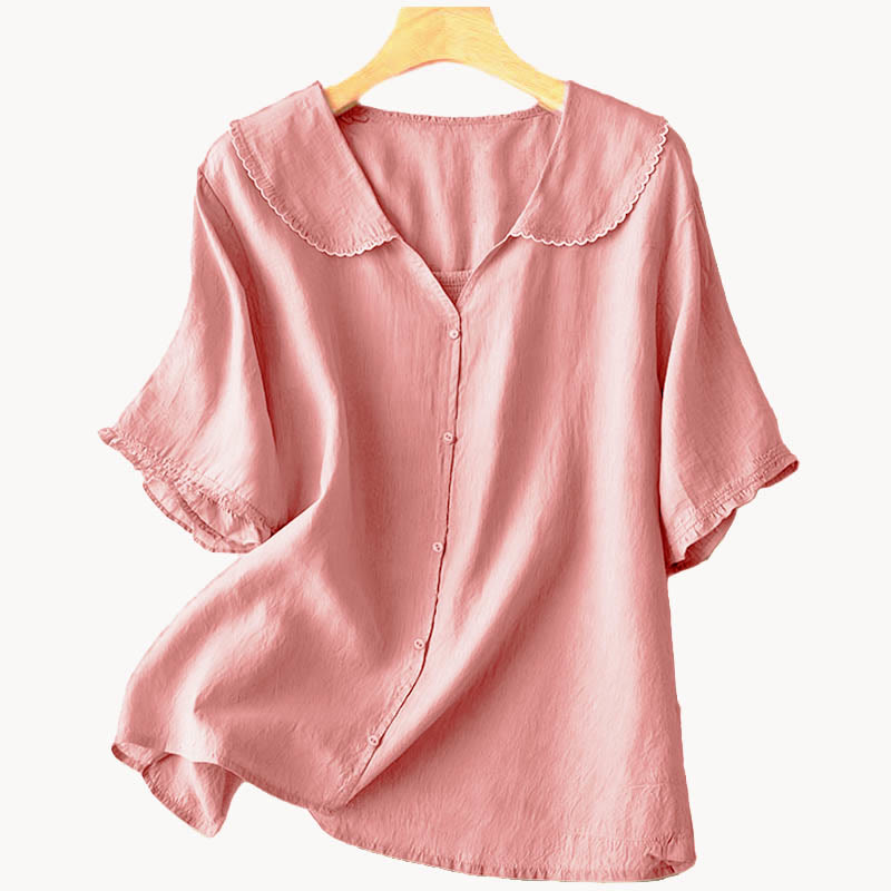 Buddha Stones Casual Plain Button Half Sleeve Middy Collar Women's Shirt
