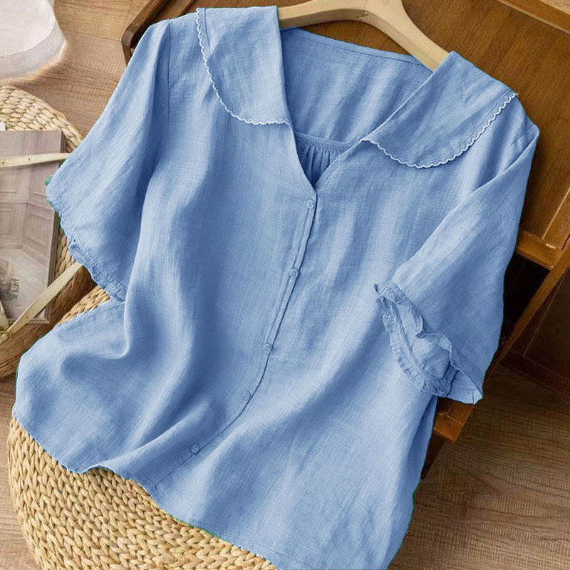 Buddha Stones Casual Plain Button Half Sleeve Middy Collar Women's Shirt