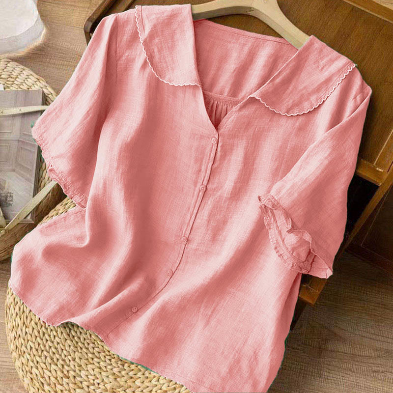Buddha Stones Casual Plain Button Half Sleeve Middy Collar Women's Shirt
