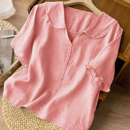 Buddha Stones Casual Plain Button Half Sleeve Middy Collar Women's Shirt