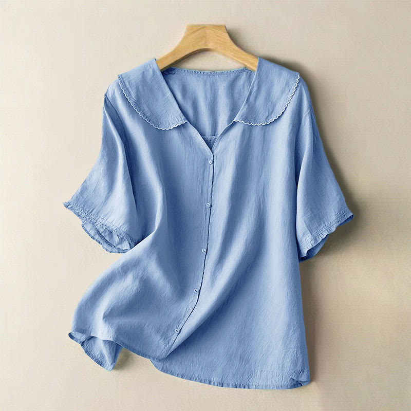Buddha Stones Casual Plain Button Half Sleeve Middy Collar Women's Shirt