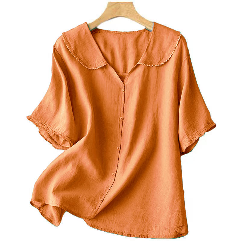 Buddha Stones Casual Plain Button Half Sleeve Middy Collar Women's Shirt