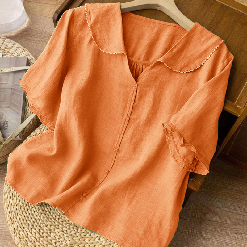 Buddha Stones Casual Plain Button Half Sleeve Middy Collar Women's Shirt