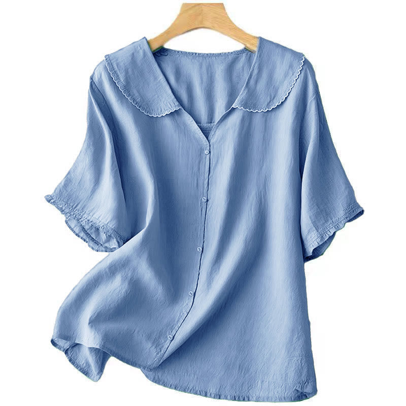 Buddha Stones Casual Plain Button Half Sleeve Middy Collar Women's Shirt