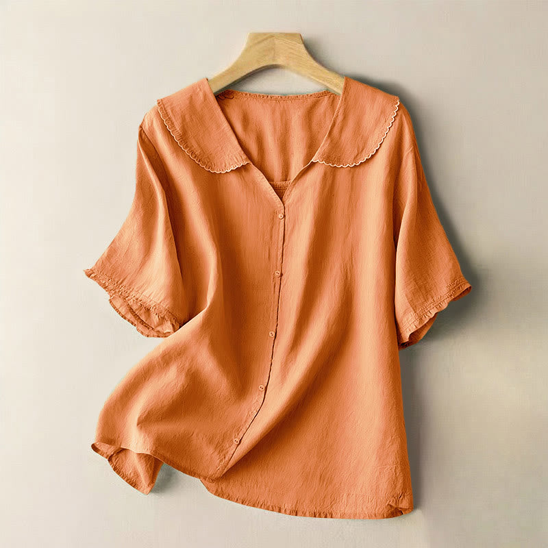 Buddha Stones Casual Plain Button Half Sleeve Middy Collar Women's Shirt